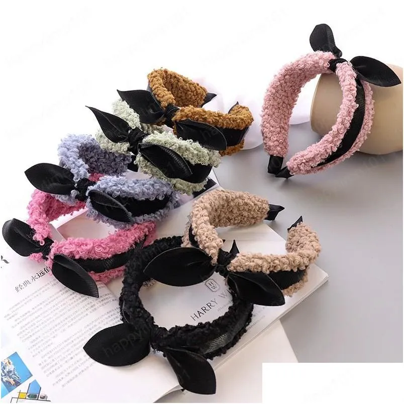 plush lamb wool warm headband for women girls rabbit ears bow hairband bezel knotted hair hoop winter hair accessories headwear