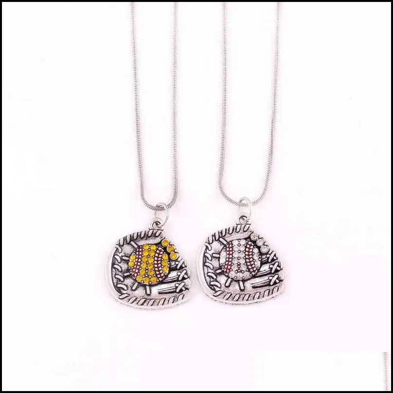 zinc zo2 alloy crystals baseball or softball ball and glove pendant with wheat link /leather rope/snake chain lobster clasp