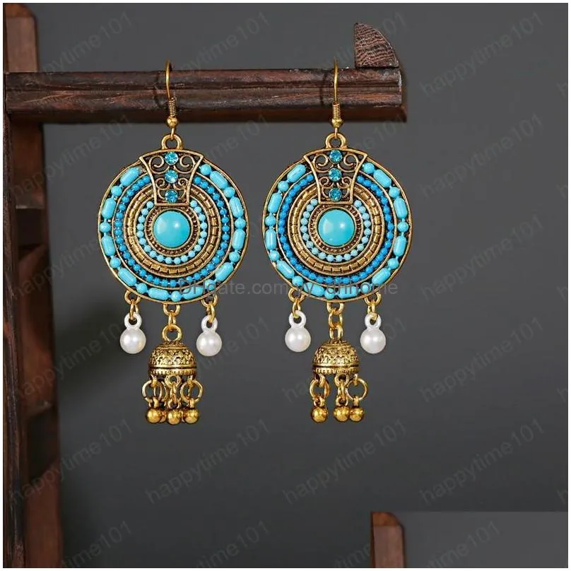 classic round gold color bells tribe jhumka dangle earrings womens vintage turkey blue beads tassel earring