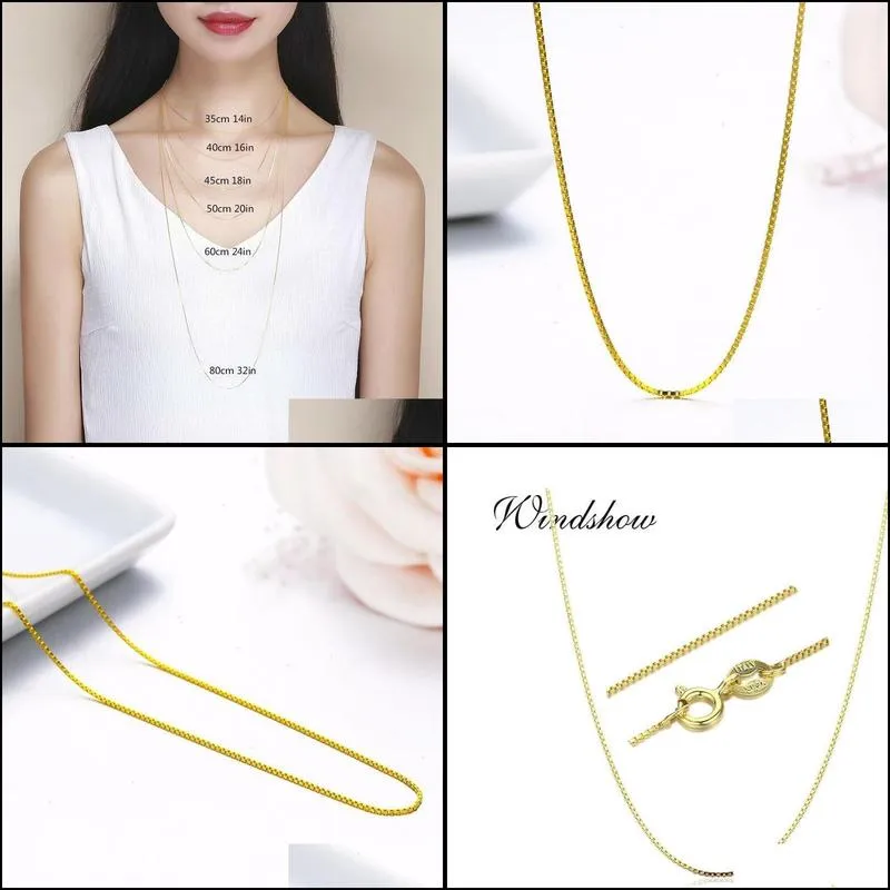 3580cm 0.65mm thin real 925 necklace sterling silver color slim box chain womens kids girls mens jewelry kolye collares