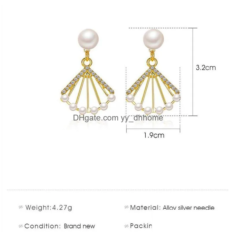 hollow fanshaped pearl diamond earrings charm women alloy gold business ear drop european party gift dress wear stud earring jewelry