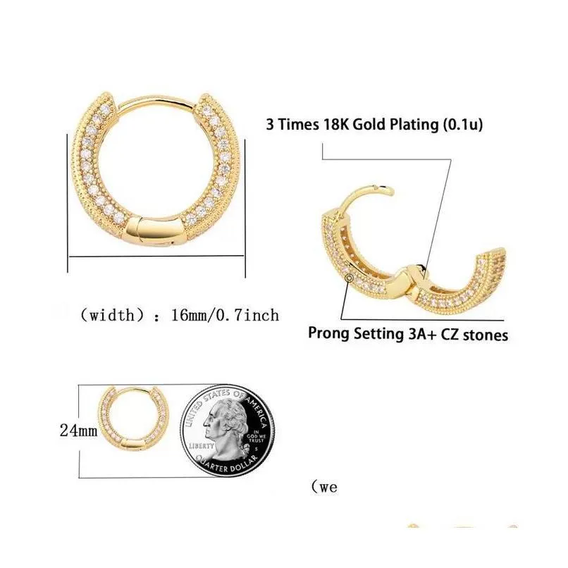 18k gold plated copper zircon hoop earrings men women hip hop jewelry iced out stud earings bling diamond earring for gift