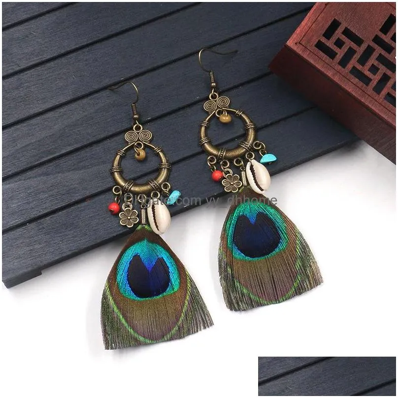 fashion ethnic earrings creative peacock feather earrings shell accessories bohemian jewelry wholesale