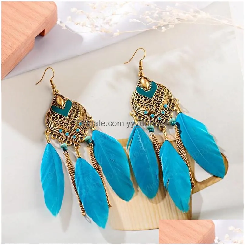  fashion womens feather long metal chain tassel earrings boho ethnic geometric hollw dangle earring jewelry