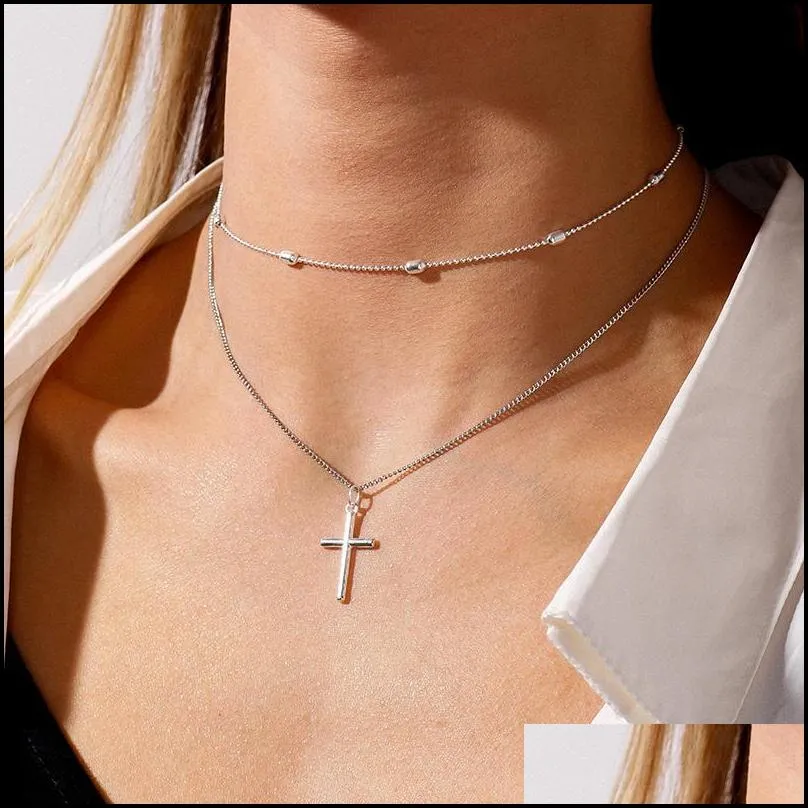 romantic cross pendants necklace for women gold silver color multilayered oval beads chain minimalism female jewelry