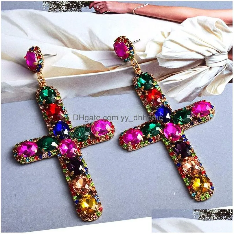 vintage long metal colorful crystal cross dangle earrings fashion diamonds pendant earring jewelry accessories for women