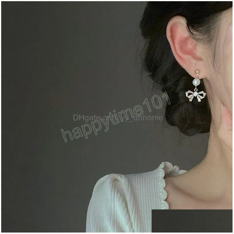 sweet and gentle temperament bow pearl dangle earrings for women korean fashion earring birthday party jewelry gifts