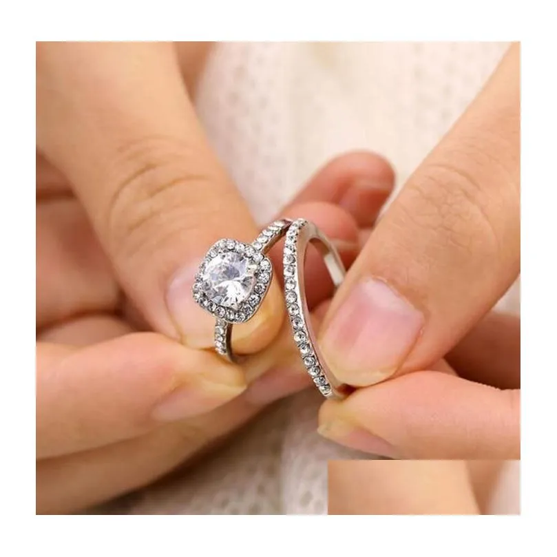 2pcs/set rings for women couple cubic zirconia square ring lovers jewelry bridal wedding engagement romantic jewellry gift