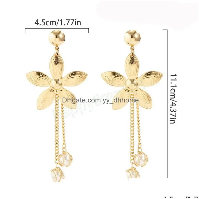 retro simple flower tassel faux pearl dangle earrings womens french gold metal versatile earring girls fashion jewelry