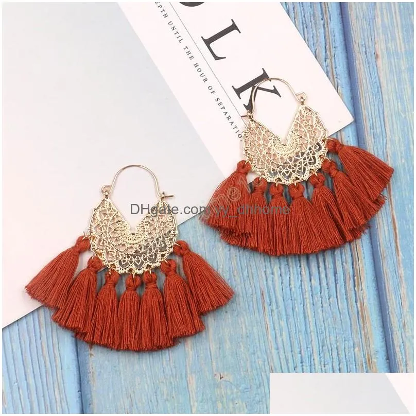 fashion womens tassel dangle earrings geometric woven pattern fanshaped alloy hollow pendant earrings boho ornament wedding jewelry