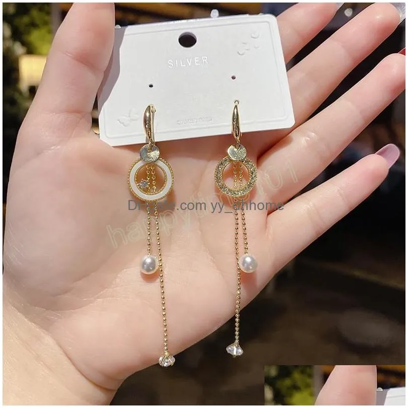 gold circle pearl studded tassel long dangle earrings for women asymmetric personality elegance luxurious korean fashion gifts