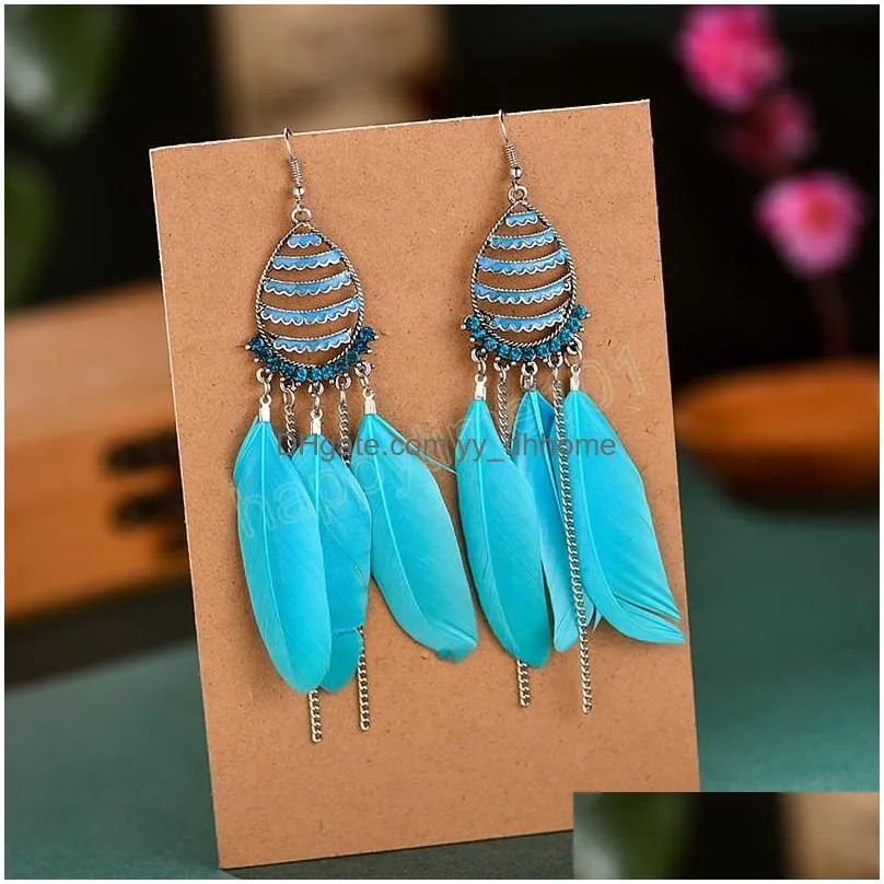 summer ethnic blue feather dangle earrings for women bohemian boho long chain earrings wedding bride jewelry oorbellen hangers