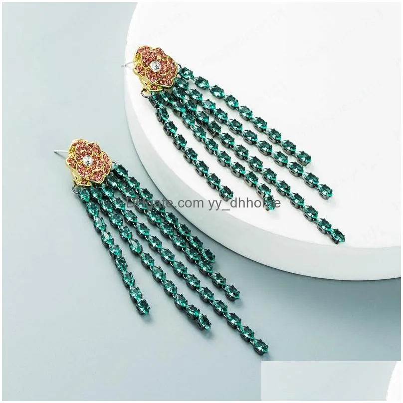 color crystal flower tassel earrings vintage flash rhinestone beaded long drop earrings girls party jewelry