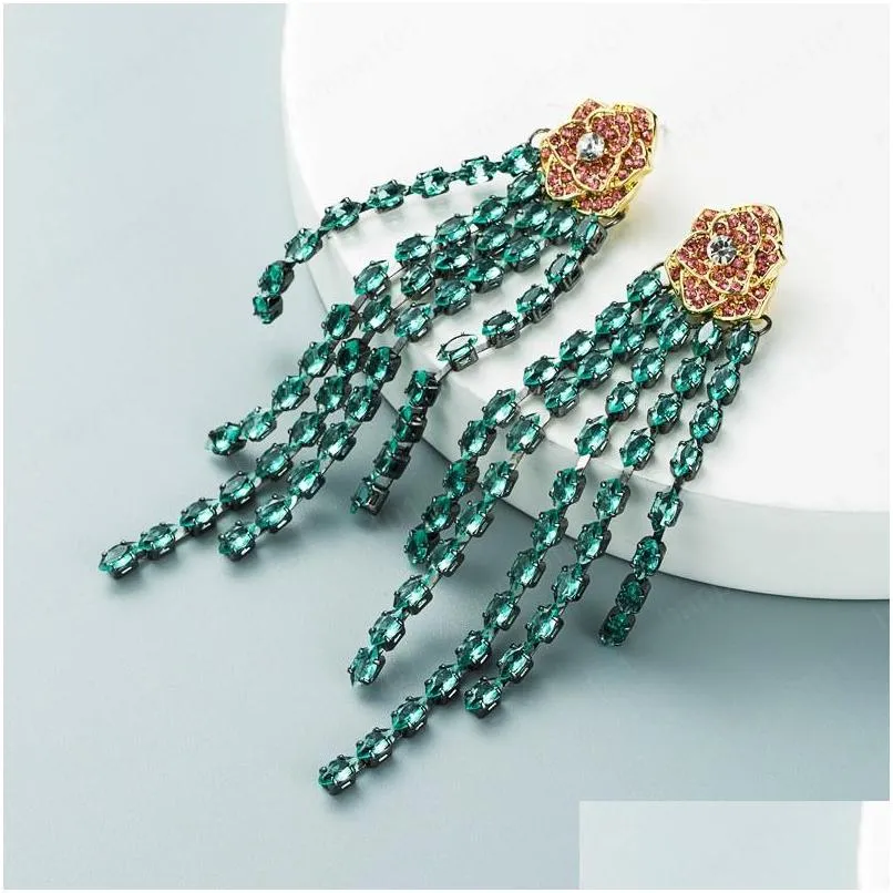 color crystal flower tassel earrings vintage flash rhinestone beaded long drop earrings girls party jewelry