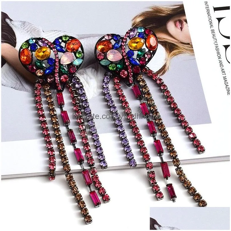 long colorful crystal chain tassel dangle earrings fashion rhinestones heart pendant earring jewelry for women