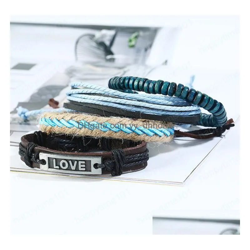 mens bracelet 100 genuine leather bracelet love beading hemp rope simple and easy adjustable bracelet 4 styles 1 set