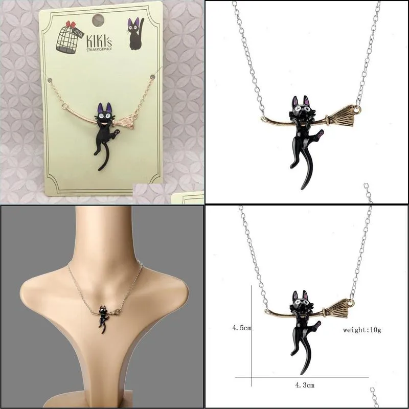 cat broom pendants fashion jewelry for women black hanging wand necklace witches