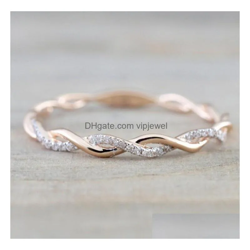 wedding ring jewelry fashion style round diamond rings for women thin rose gold color twist rope stacking in stainless steel 3 colors
