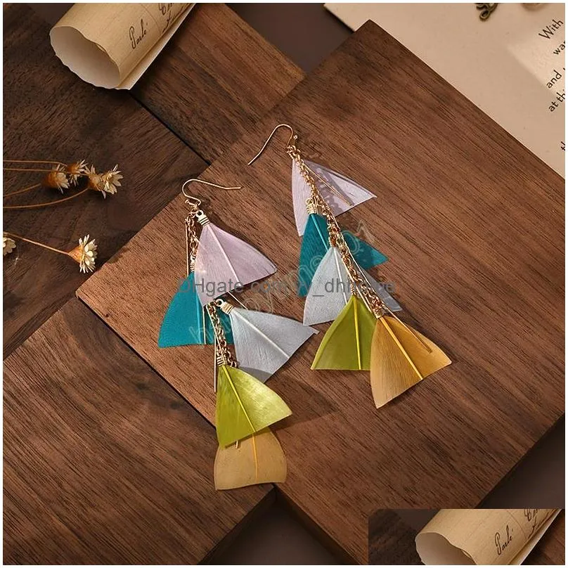 colorful multilayer feather dangle earrings for women bohemian holiday summer tassel earrings long beach boho jewelry