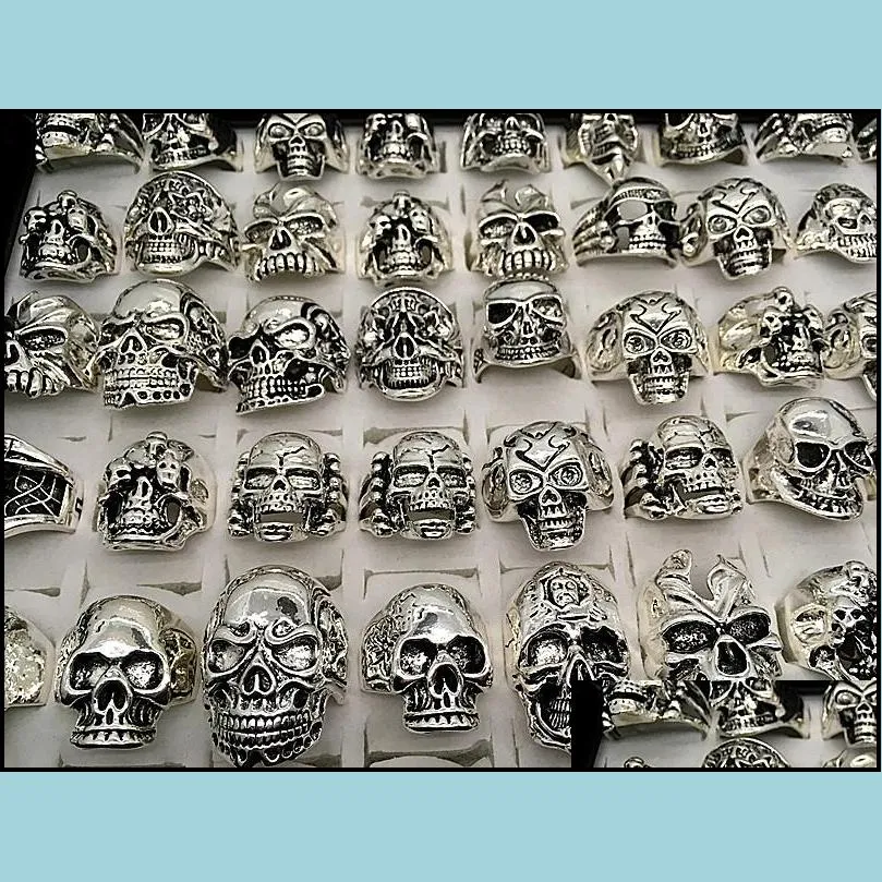 men fashion 50pcs lots mix style big size skull carved biker silver plated rings jewelry skeleton ring