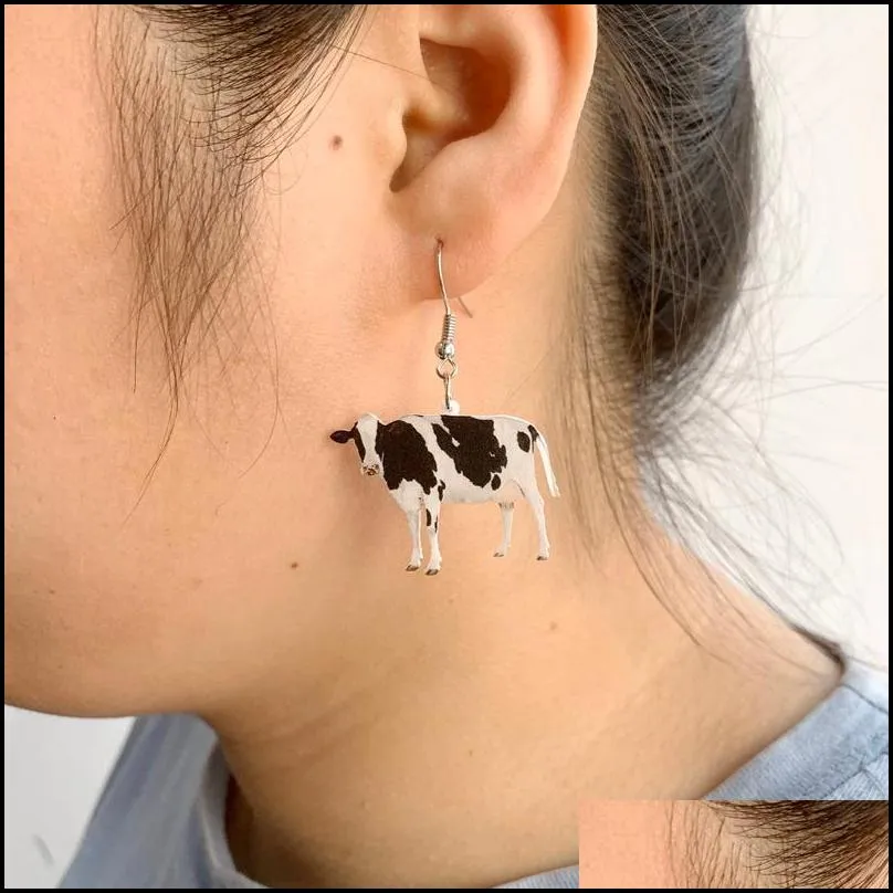 trendy farm animal black white and yellow color cattle cow print acrylic charm earrings for women funny fashion