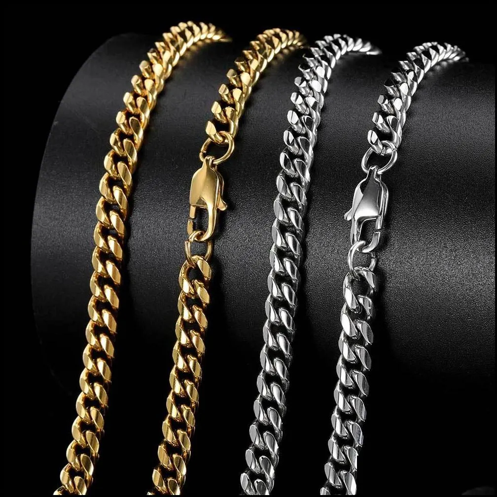 hip hop cuban link chain necklace 18k real gold plated stainless steel metal necklace for men 4mm 6mm 8mm