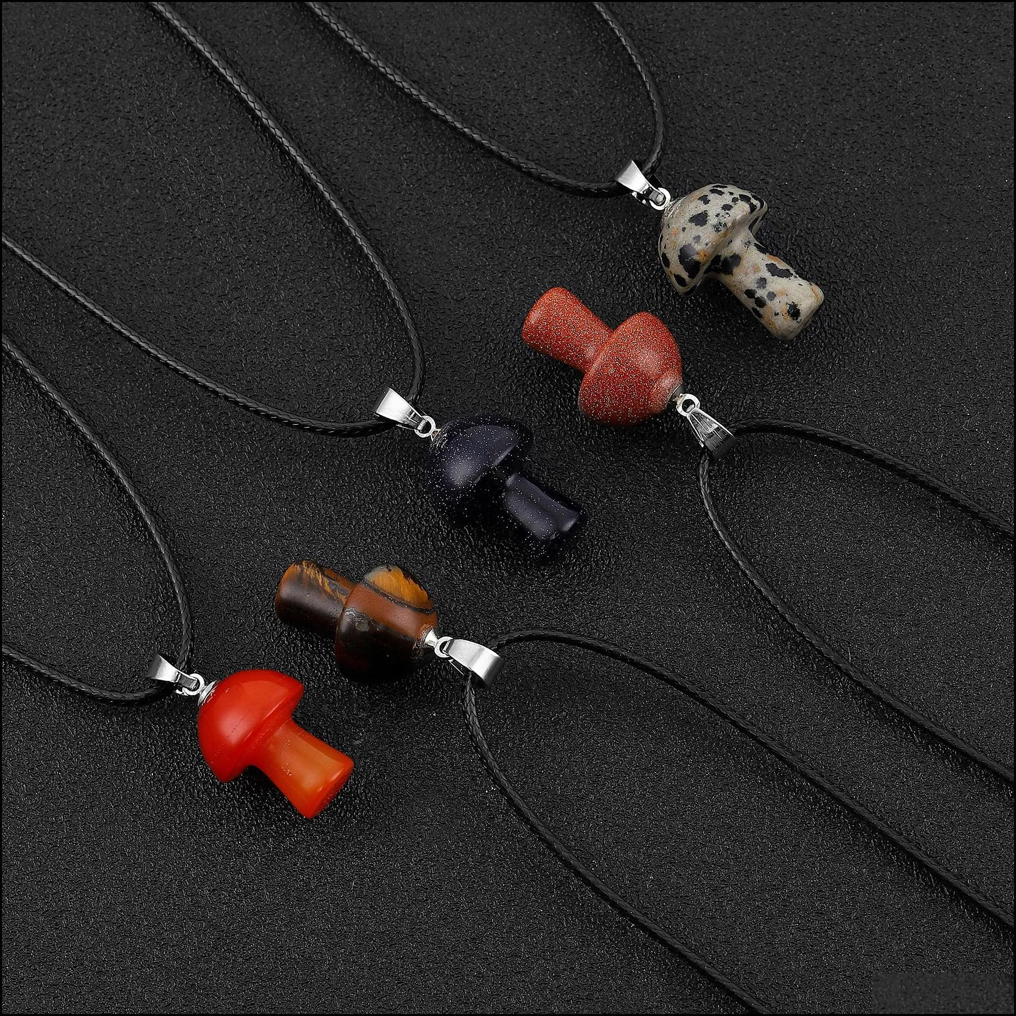 healing chakra gemstone mushroom pendant necklace for women men natural quartz crystal rock charm choker jewelry 45cm black leather