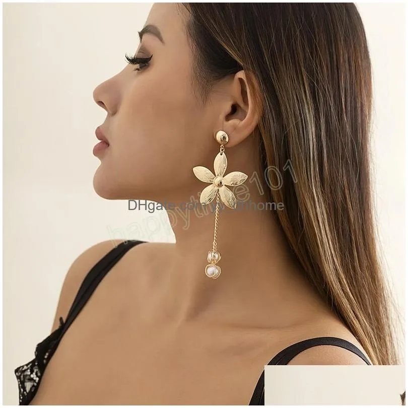 retro simple flower tassel faux pearl dangle earrings womens french gold metal versatile earring girls fashion jewelry