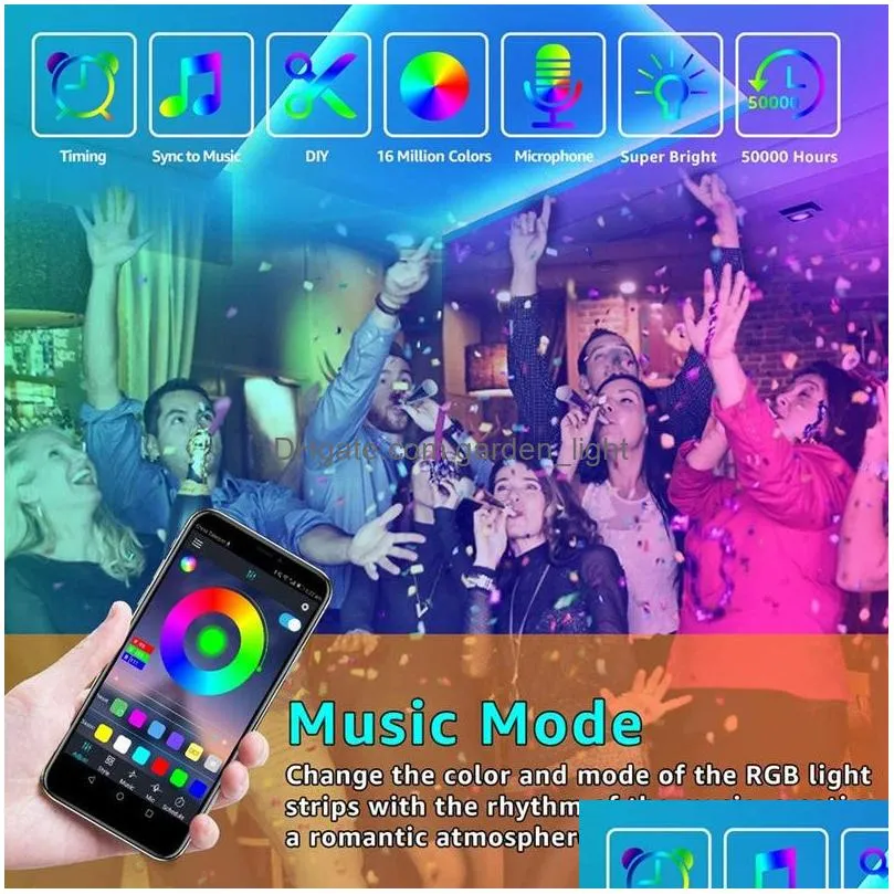 bluetooth led strip lights rgb light kit 16.4ft 32.8ft 150led smd5050 waterproof music sync color changing controller