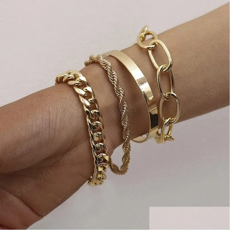 4pcs punk chain bracelets set for women boho thick gold color charm bracelet bangles fashion jewelry