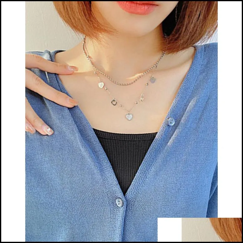 lovely sweet heart chart necklace double layer stainless steel round beads womens jewelry gift