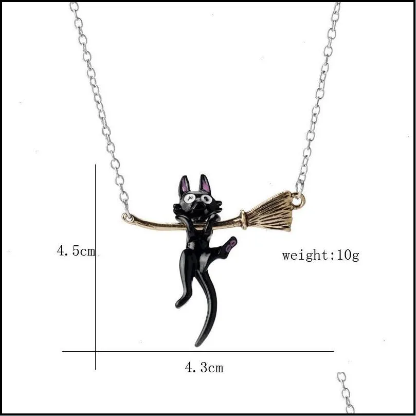 cat broom pendants fashion jewelry for women black hanging wand necklace witches