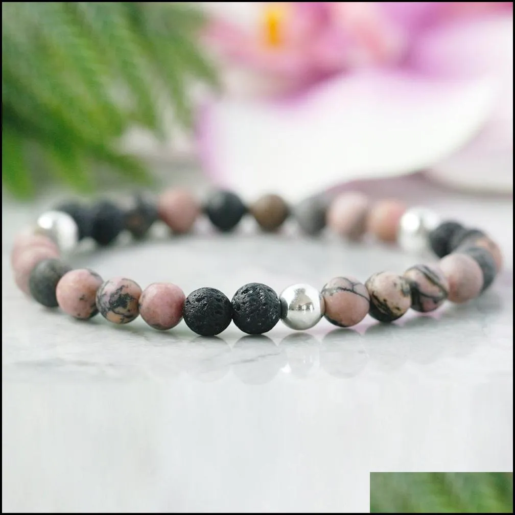 6mm pink rhodochrosite diffuser bracelet  oil aromatherapy jewelry heart chakra lava rock bracelet