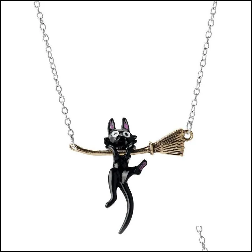 cat broom pendants fashion jewelry for women black hanging wand necklace witches