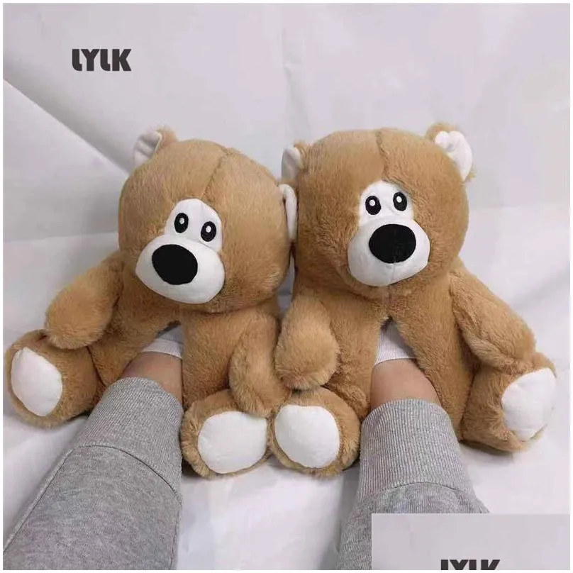 slippers cotton shoes furry slides winter women plush teddy bear home flat cartoon soft fluffy cute warm ladies indoor floor