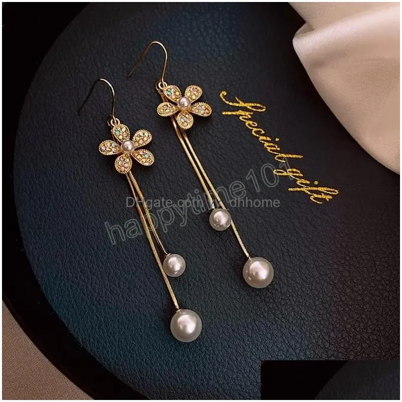 trendy women ear hook earring korean long pearl tassel dangle earrings flower pendant earring wedding party jewelry gifts