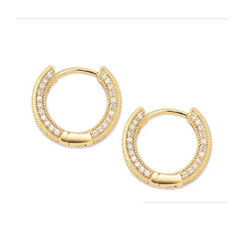 18k gold plated copper zircon hoop earrings men women hip hop jewelry iced out stud earings bling diamond earring for gift