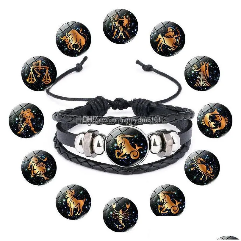 6 styles zodiac sign leather bracelets 18mm ginger snap buttons 12 horoscope charm adjustable bangle for women men fashion jewelry