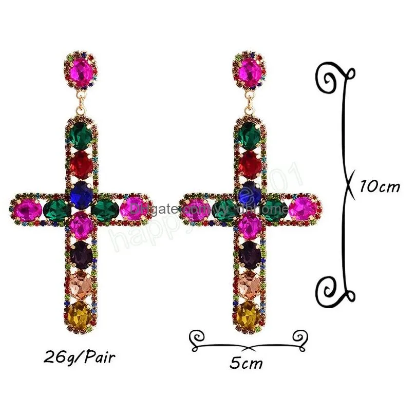 vintage long metal colorful crystal cross dangle earrings fashion diamonds pendant earring jewelry accessories for women