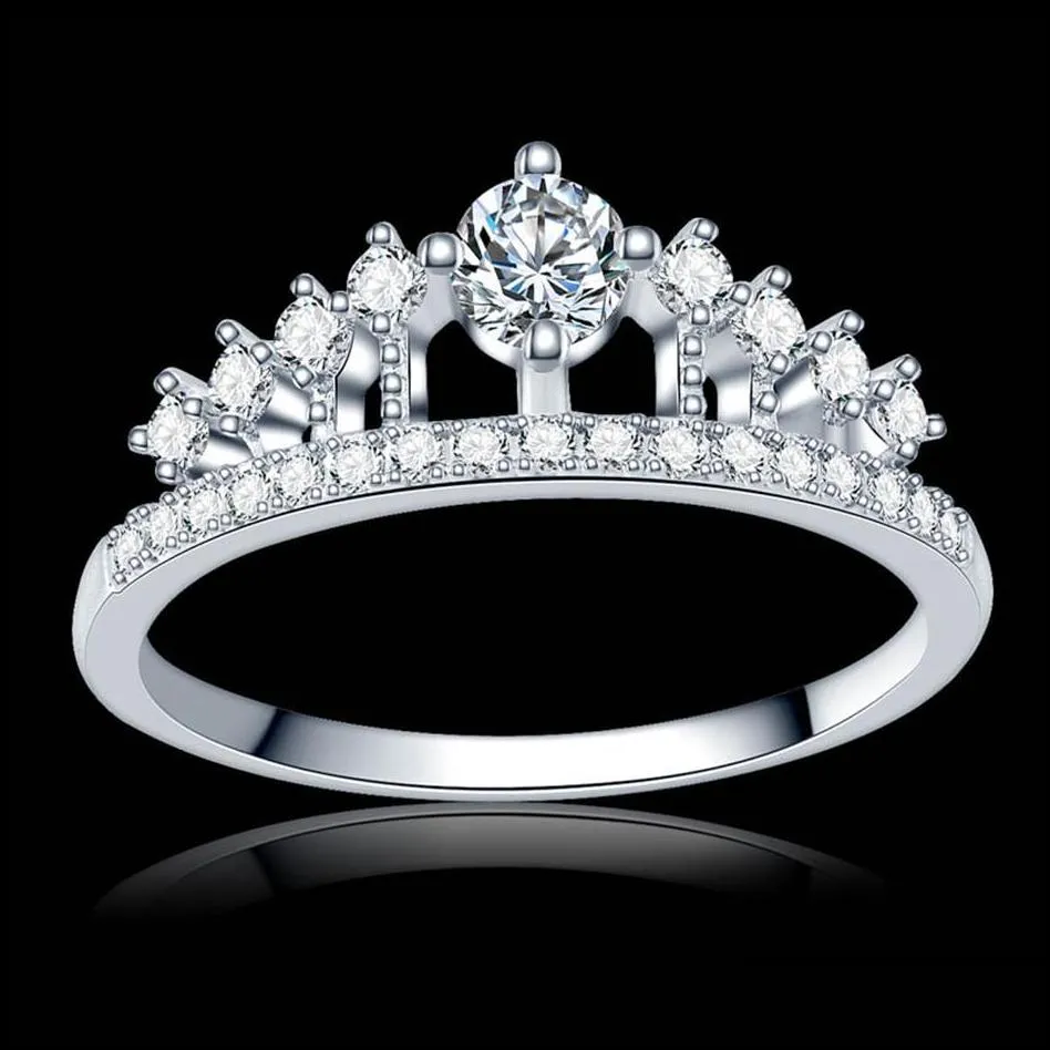 luxury full clear zircon stone princess queen 925 sterling silver crown diamond ring engagement cocktail alliance girls