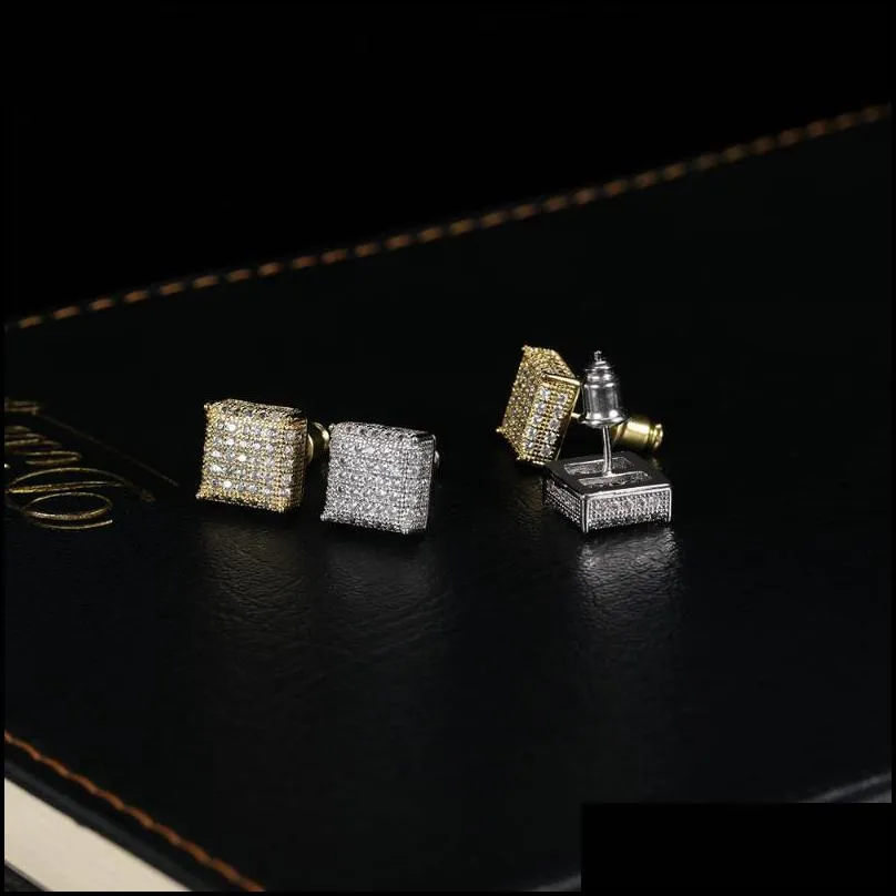 hip hop rapper rock gold plated cz studded 18k square diamond for mens earrings fashion luxury jewelry