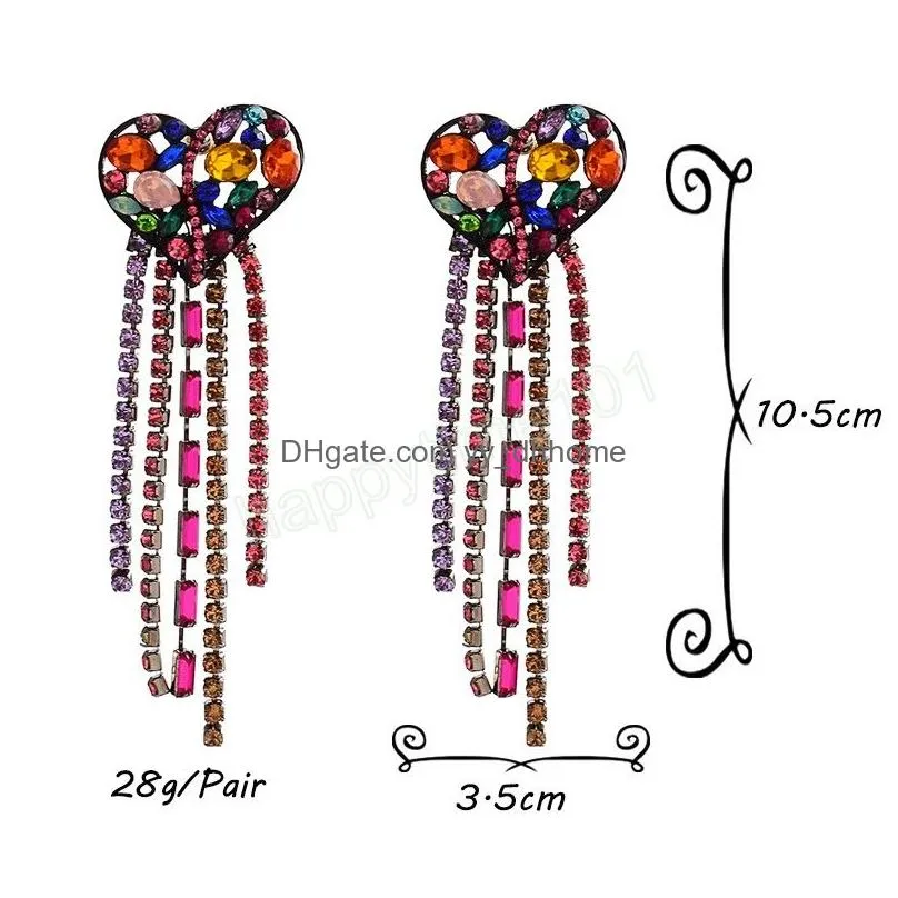 long colorful crystal chain tassel dangle earrings fashion rhinestones heart pendant earring jewelry for women