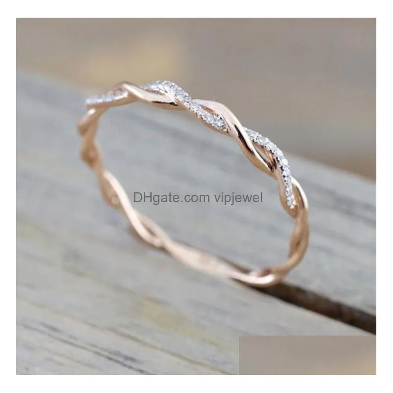 wedding ring jewelry fashion style round diamond rings for women thin rose gold color twist rope stacking in stainless steel 3 colors