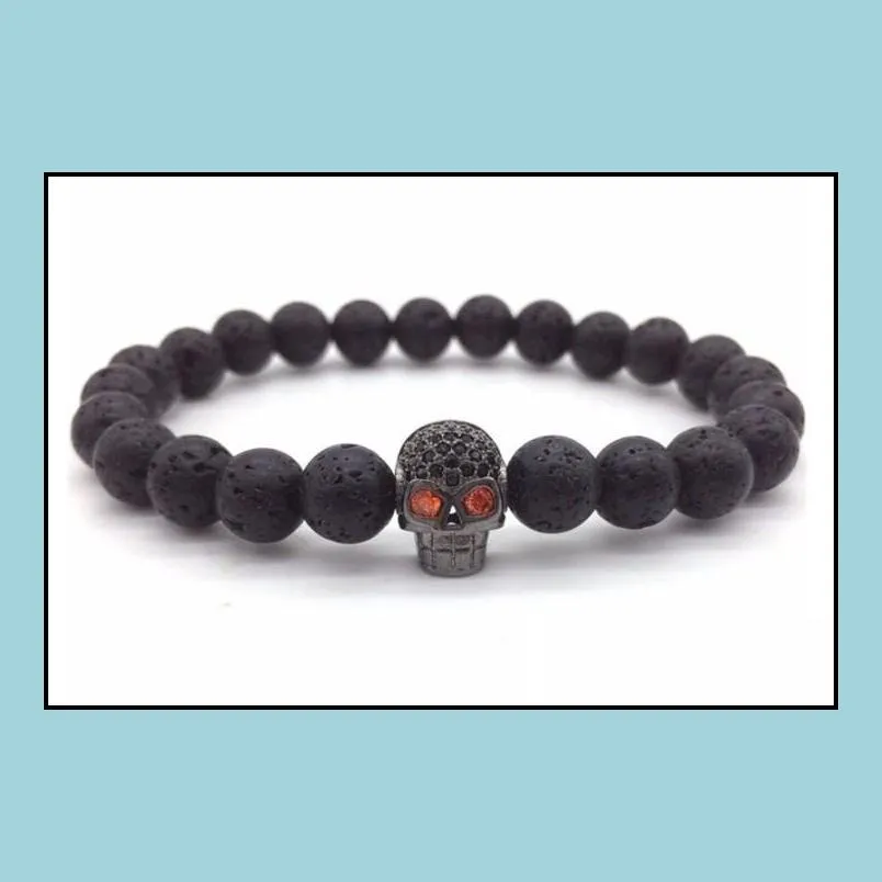 8mm volcanic stone skull gold silver copper cz zircon cubic zirconia elastic adjusted black bead marble buddha yoga men women bracelet