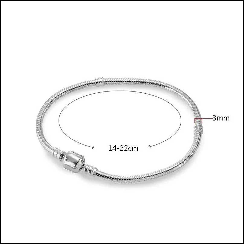 100 925 sterling silver bracelets with original box 3mm snake chain fit  charm beads bangle bracelet jewelry for women men