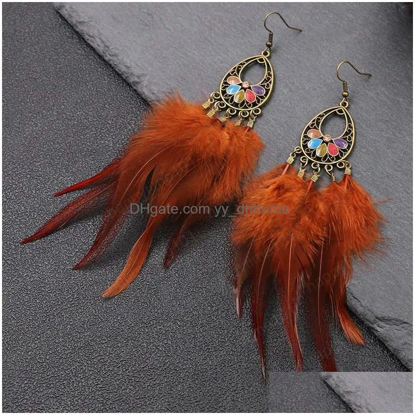 ethnic brown long feather earrings for women retro hollow alloy water drop dangle earring bijoux bohemian jewelry boucle oreille femme