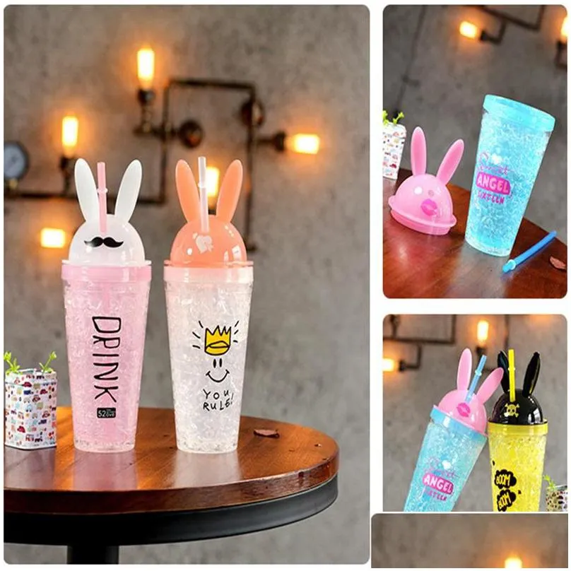 great rabbit ear cup mugs crushed ice cooling double cute straw cups lid portable boys and girls drinkware 26 k2