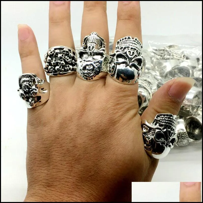 men fashion 50pcs lots mix style big size skull carved biker silver plated rings jewelry skeleton ring