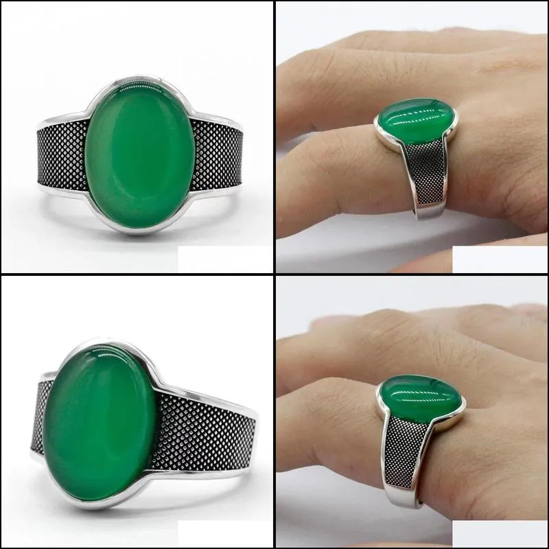 cluster rings sterling silver mens green agate ring large natural stone retro punk jewelry men