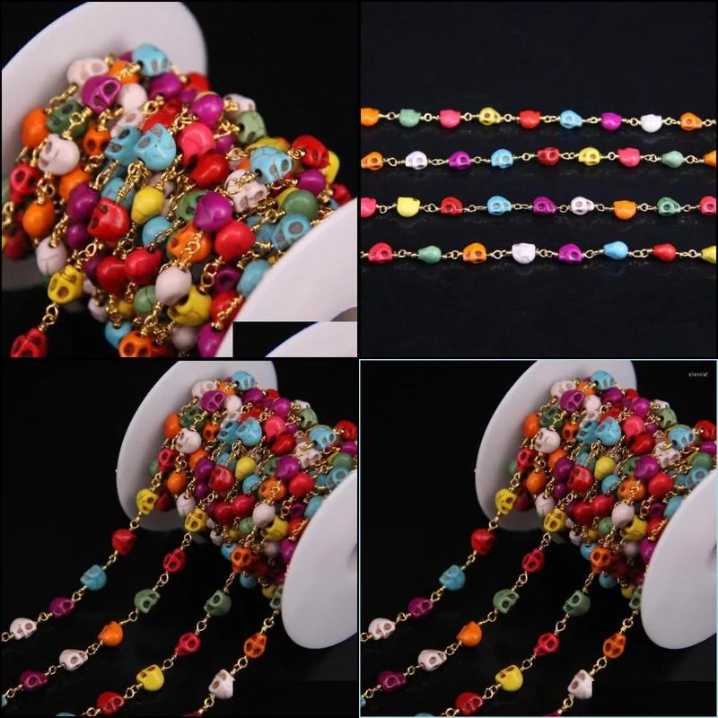 chains 5meter/lot mixed turquoises skull shape rosary chain natural gold plate wire wrapped link diy necklace